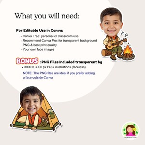 May include: Digital illustration with text: "What you will need: For Editable Use in Canva: Canva Free: personal or classroom use... BONUS: PNG Files Included transparent bg..." Includes camping-themed PNG illustrations.