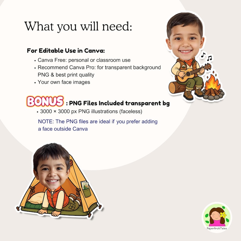 May include: Digital illustration with text: "What you will need: For Editable Use in Canva: Canva Free: personal or classroom use... BONUS: PNG Files Included transparent bg..." Includes camping-themed PNG illustrations.