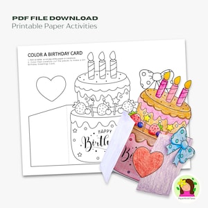 DIY Happy Birthday Coloring Card: Kids' Paper Craft Activity (PDF Downloadable File)