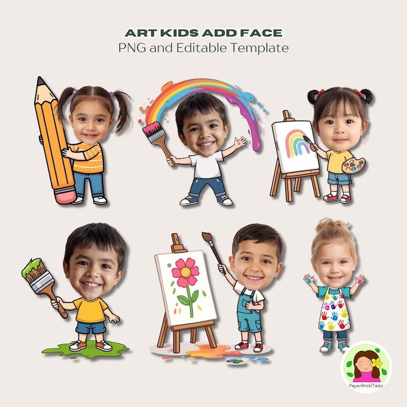 May include: Digital artwork of cartoon children with smiling faces, each holding art supplies such as a pencil, paintbrush, and palette. The image includes text that reads "ART KIDS ADD FACE PNG and Editable Template."