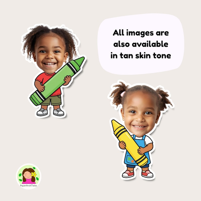 K&ouml;nnte beinhalten: Zwei Aufkleber im Cartoon-Stil mit dunkelh&auml;utigen Kindern, die gro&szlig;e Buntstifte halten. Ein Kind tr&auml;gt ein rotes T-Shirt und eine gr&uuml;ne Shorts mit einem gr&uuml;nen Stift. Das andere tr&auml;gt ein blaues Latzkleid mit einem gelben Stift. Der Text lautet: All images are also available in tan skin tone.