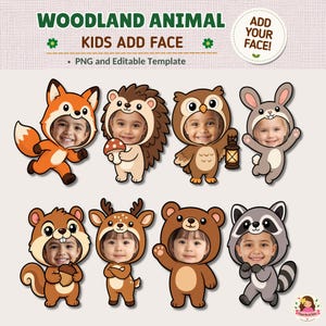 Pode incluir: Um modelo digital com oito animais da floresta em desenho animado, incluindo raposa, ouriço, coruja, coelho, esquilo, veado, urso e guaxinim. Cada animal tem um recorte circular para um rosto. O texto diz WOODLAND ANIMAL KIDS ADD FACE.