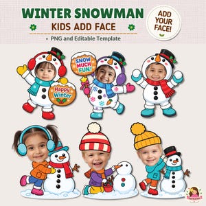 Peut inclure: Un ensemble de modèles numériques intitulé WINTER SNOWMAN KIDS ADD FACE comprenant six illustrations de bonhommes de neige et d'enfants en tenue d'hiver. Les graphiques incluent des fichiers PNG modifiables avec des espaces pour insérer des visages.