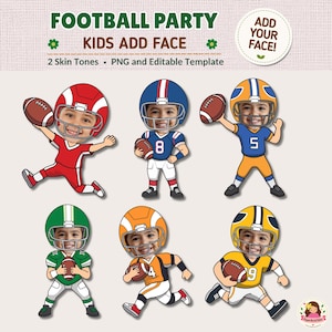 May include: A digital template featuring six cartoon football players with open face areas for customization. The text reads FOOTBALL PARTY KIDS ADD FACE, 2 Skin Tones, PNG and Editable Template, and ADD YOUR FACE. Each character wears a helmet.