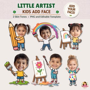以下が含まれることがあります： LITTLE ARTIST KIDS ADD FACEというタイトルのデジタルグラフィックセット。写真の顔を持つ6人の漫画キャラクターが描かれています。イラストには、鉛筆、絵筆、パレットなどの画材を持ち、イーゼルのそばに立っている子供たちが表現されています。