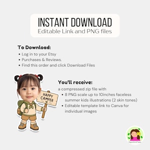 May include: An instant download graphic featuring a cartoon child camper holding a sign that says "Happy Camper." The image includes instructions for downloading the files and details about the included PNG illustrations and editable Canva link.