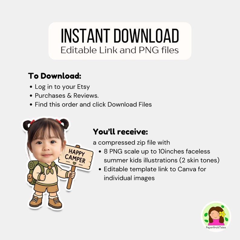 May include: An instant download graphic featuring a cartoon child camper holding a sign that says "Happy Camper." The image includes instructions for downloading the files and details about the included PNG illustrations and editable Canva link.