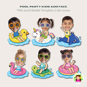 May include: Digital illustration featuring six children's faces with sunglasses, each riding a different inflatable pool float: a duck, unicorn, dolphin, flamingo, turtle, and donut. The text at the top reads "POOL PARTY KIDS ADD FACE".