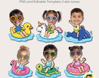 Actividad para niños en la piscina: añade tu cara, manualidades imprimibles y recuerdos personalizados del verano (Edición en Canva, PNG)