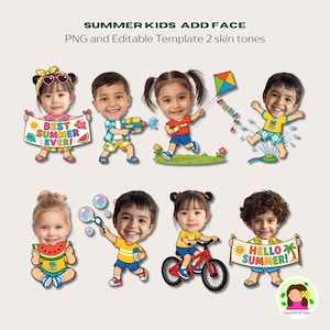 May include: A digital illustration featuring eight cartoon children with interchangeable faces. Each child is engaged in summer activities, such as playing with water guns, flying kites, and riding bikes. Text includes "SUMMER KIDS ADD FACE" and "BEST SUMMER EVER!"