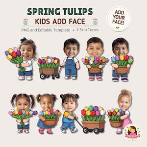 Tulip Kids: Voeg een gezicht toe, bewerkbare Canva-sjabloon, lente-decoratie voor het prikbord, knip- en plakactiviteit