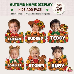 Puede incluir: Una plantilla de visualización de nombres con temática otoñal que presenta seis ilustraciones de niños con rostros personalizables. Cada diseño incluye un letrero de madera con nombres rodeado de hojas de otoño, calabazas y girasoles.