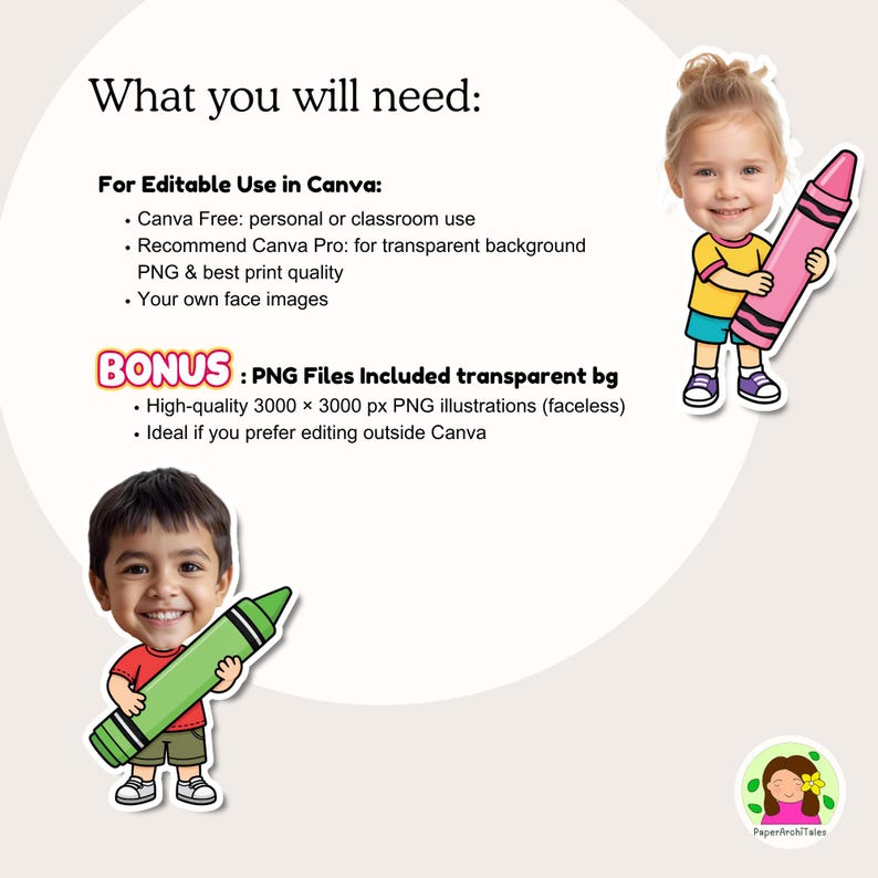 K&ouml;nnte beinhalten: Digitales Grafikset mit zwei Cartoon-Kindern, die gro&szlig;e Buntstifte halten. Ein Kind tr&auml;gt ein gelbes T-Shirt und blaue Shorts mit einem rosa Stift, das andere ein rotes T-Shirt und gr&uuml;ne Shorts mit einem gr&uuml;nen Stift. Text enth&auml;lt What you will need und BONUS.