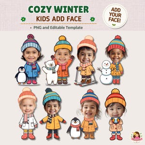 Niños en invierno: Añade tu cara, decora tu tablón de anuncios y crea manualidades invernales personalizadas (Edición en Canva, PNG)