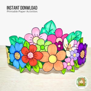 Modello da colorare per lavoretti a tema fata di primavera, corona di carta stampabile, corona di fiori stampabile, bomboniera per feste di compleanno