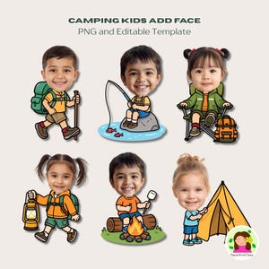Op de afbeelding: Digitale illustratie van zes cartoonkinderen die kampeeractiviteiten uitvoeren. De afbeelding bevat de tekst "CAMPING KIDS ADD FACE PNG and Editable Template". Alle kinderen lachen.