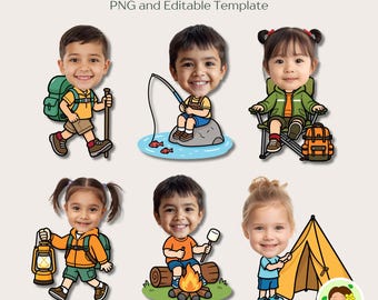Camping Kids Add Face Activity, Bulletin Board Decor, Cut and Paste (Canva Edit, PNG)