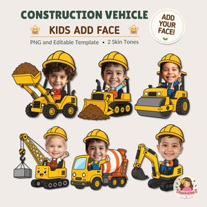 May include: A digital graphic set featuring six cartoon construction vehicles including a loader, bulldozer, steamroller, crane, cement mixer, and excavator. Each vehicle is operated by a child wearing a yellow hard hat with a customisable face.