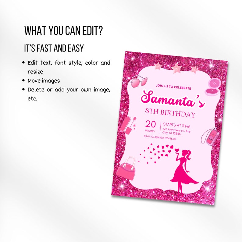 Fashion Doll Birthday Invitation, Pink Doll Party Invitation, Glitter