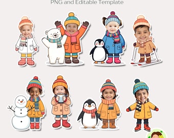 Winter Kids Add your Face, Editable Bulletin Board Decor,  Creativity Project for Kids, PNG
