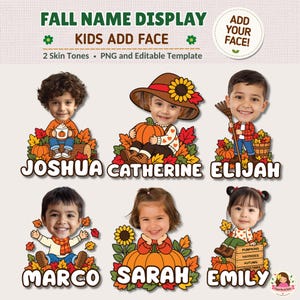 May include: A digital template for an autumn name display featuring six cartoon-style illustrations of children with large heads and seasonal outfits. Each character is surrounded by pumpkins, sunflowers, and leaves, with names like Joshua, Catherine, Elijah, Marco, Sarah, and Emily.