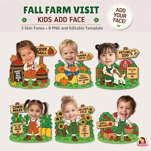 Puede incluir: Un conjunto de diseños digitales titulado FALL FARM VISIT KIDS ADD FACE que presenta seis ilustraciones de niños con overoles en varios lugares de granja, incluyendo un molino de sidra, un campo de calabazas, un zoológico y un huerto.