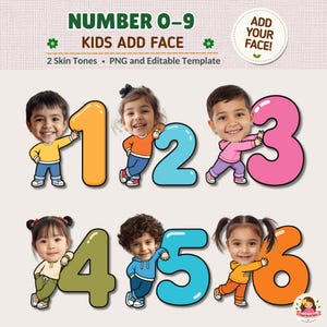 Puede incluir: Una plantilla digital con los números del 1 al 6, cada uno emparejado con un cuerpo de personaje de dibujos animados y una cara de niño personalizable. El texto dice NUMBER 0-9 KIDS ADD FACE, 2 Skin Tones, PNG and Editable Template, ADD YOUR FACE!