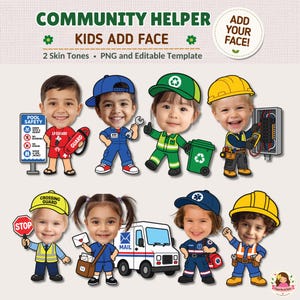 Puede incluir: Un conjunto gráfico digital titulado COMMUNITY HELPER KIDS ADD FACE que presenta ocho personajes de dibujos animados con rostros infantiles realistas vestidos como varios profesionales, incluyendo salvavidas, mecánico, basurero, electricista, guardia de cruce, cartero, paramédico y trabajador de la construcción.