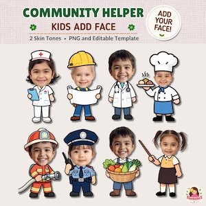 Op de afbeelding: Een digitaal sjabloon getiteld COMMUNITY HELPER KIDS ADD FACE met acht stripfiguren in diverse beroepen, waaronder verpleegkundige, bouwvakker, arts, chef-kok, brandweerman, politieagent, boer en leraar, met ruimte om gezichten toe te voegen.