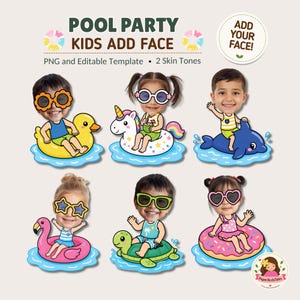 Zwembadfeestje: knutselactiviteit voor kinderen, inclusief gezichtsuitdrukkingen, printbare knutselwerkjes en gepersonaliseerde zomerse aandenkens (Canva Edit, PNG)