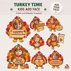 Può includere: Un set di modelli digitali con otto costumi da tacchino a cartone animato con ritagli per il viso dei bambini. Le grafiche includono testi come Happy Thanksgiving, Give Thanks, Be Thankful, Grateful Hearts e Turkey Time, con zucche e torte.