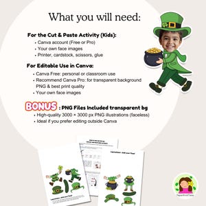 May include: A St. Patrick's Day-themed digital activity set. The image includes a leprechaun graphic, instructions, and the text "What you will need:" and "Leprechaun - Add your Face!" The set includes PNG files and is designed for use with Canva.