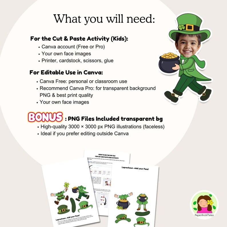 May include: A St. Patrick's Day-themed digital activity set. The image includes a leprechaun graphic, instructions, and the text "What you will need:" and "Leprechaun - Add your Face!" The set includes PNG files and is designed for use with Canva.