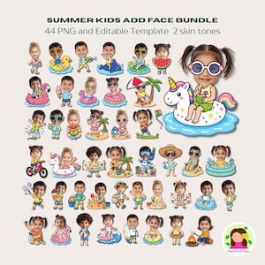 Sommarpaket med ansiktstillägg för barn, 44 redigerbara fest-clipart och personliga mallar (Canva Edit, PNG)