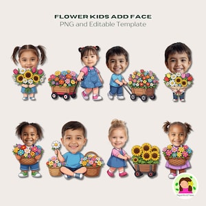 Flower Kids Add Face Activity, Editable Canva Template, Bulletin Board Decor, Cut & Paste