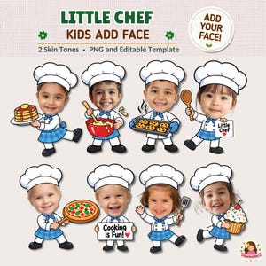 Könnte beinhalten: Eine digitale Vorlage mit dem Titel LITTLE CHEF KIDS ADD FACE, die acht Cartoon-Illustrationen von Kindern in weißen Kochmützen und blau karierten Outfits zeigt. Die Figuren halten verschiedene Lebensmittel und bieten Platz zum Einfügen von Gesichtern.