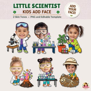Könnte beinhalten: Eine digitale Vorlage mit dem Titel LITTLE SCIENTIST KIDS ADD FACE, die sechs Illustrationen von Kindern in Laborkitteln und Schutzbrillen bei wissenschaftlichen Experimenten zeigt, darunter Mikroskopieren, Chemikalien mischen und Fossilien ausgraben.