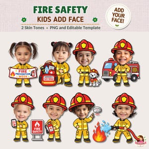 Pode incluir: Um conjunto de modelos digitais intitulado FIRE SAFETY KIDS ADD FACE com ilustrações de desenhos animados de crianças em uniformes de bombeiro amarelos e capacetes vermelhos. Os gráficos incluem crianças, um caminhão e equipamentos.