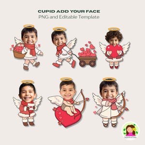 Puede incluir: Plantilla digital con seis diseños de Cupido, cada uno con espacio para una cara. Los Cupidos tienen alas, halos y temas de San Valentín. El texto "Cupid Add Your Face" y "PNG and Editable Template" está en la parte superior.