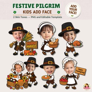 以下が含まれることがあります： FESTIVE PILGRIM KIDS ADD FACEというタイトルのデジタルグラフィックセット。巡礼者の衣装を着た子供たちの漫画イラストが6点描かれています。キャラクターはカボチャ、パン、七面鳥、パイ、HAPPY HARVESTと書かれた看板などのアイテムを持っています。