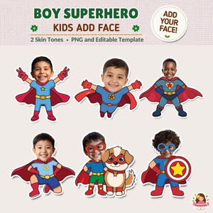 Pode incluir: Um modelo digital com seis ilustrações de crianças vestidas de super-heróis com capas, máscaras e escudos. O texto diz BOY SUPERHERO, KIDS ADD FACE, 2 Skin Tones, PNG and Editable Template e ADD YOUR FACE.