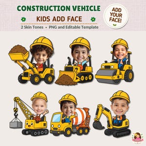 Puede incluir: Una plantilla digital con seis vehículos de construcción ilustrados, incluyendo una cargadora, una excavadora, un rodillo, una grúa, una hormigonera y una excavadora. Cada vehículo es operado por un niño con un casco amarillo.