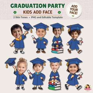 Op de afbeelding: Een digitaal afstudeerfeest-sjabloon met acht stripfiguren in blauwe afstudeertoga's en hoeden. De tekst luidt GRADUATION PARTY, KIDS ADD FACE, 2 Skin Tones, PNG and Editable Template en ADD YOUR FACE. De figuren houden diploma's vast of zitten op boeken.