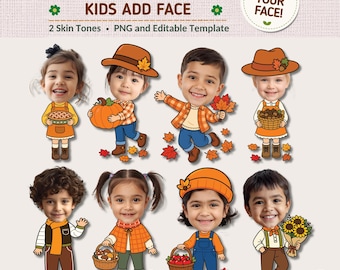 Pode incluir: Um conjunto gráfico digital intitulado AUTUMN CHARM KIDS ADD FACE com oito crianças em estilo cartoon com cabeças grandes e roupas de outono. Os personagens seguram abóboras, cestas de maçãs, girassóis e folhas, com o texto 2 Skin Tones, PNG and Editable Template.