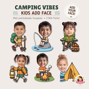 Camping Kids Add Face Activity, Bulletin Board Decor, Cut and Paste (Canva Edit, PNG)
