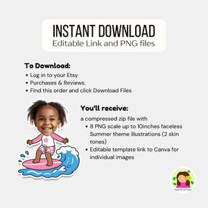 Puede incluir: Un gr&aacute;fico de descarga instant&aacute;nea con el texto "INSTANT DOWNLOAD" e instrucciones para descargas de Etsy. Incluye una ilustraci&oacute;n de dibujos animados de un ni&ntilde;o surfeando y detalles sobre los archivos PNG y la plantilla de Canva incluidos.