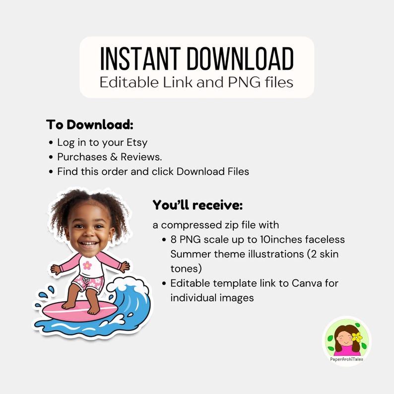 Puede incluir: Un gr&aacute;fico de descarga instant&aacute;nea con el texto "INSTANT DOWNLOAD" e instrucciones para descargas de Etsy. Incluye una ilustraci&oacute;n de dibujos animados de un ni&ntilde;o surfeando y detalles sobre los archivos PNG y la plantilla de Canva incluidos.