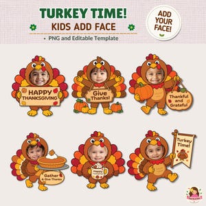 Peut inclure: Un ensemble numérique de six modèles de dindes avec un trou pour le visage pour les enfants. Chaque illustration représente une dinde brune aux plumes colorées, tenant des panneaux avec du texte comme Happy Thanksgiving et Give Thanks.