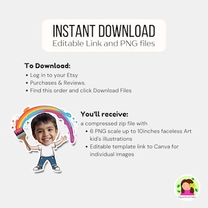 May include: A digital download graphic with the text "INSTANT DOWNLOAD" and instructions for downloading from Etsy. The image also details the contents of the download, including faceless art kid's illustrations.