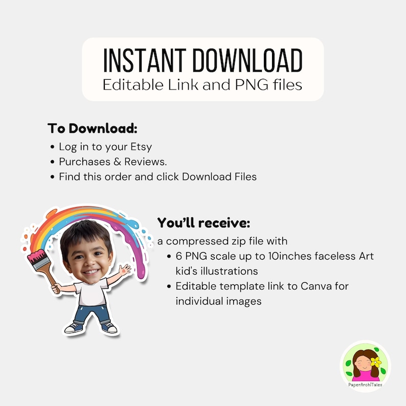May include: A digital download graphic with the text "INSTANT DOWNLOAD" and instructions for downloading from Etsy. The image also details the contents of the download, including faceless art kid's illustrations.